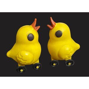 Vintage Yellow Plastic Chick bank Toy With Wheels Set Of 2